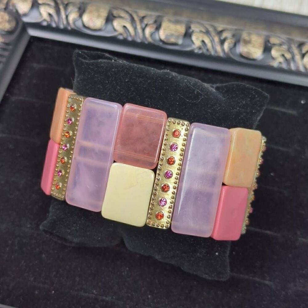 Chunky Multicolor Elastic Band Bracelet Pink Purple Gold Acrylic